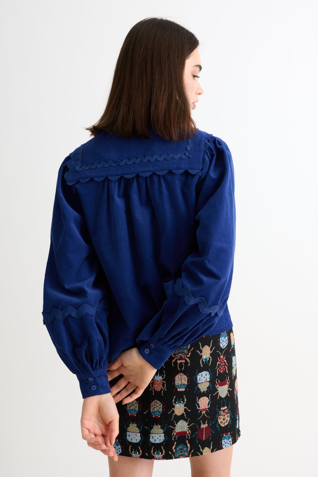 Pallas Babycord Big Collar Ric Rac Trimmed Blouse - Navy
