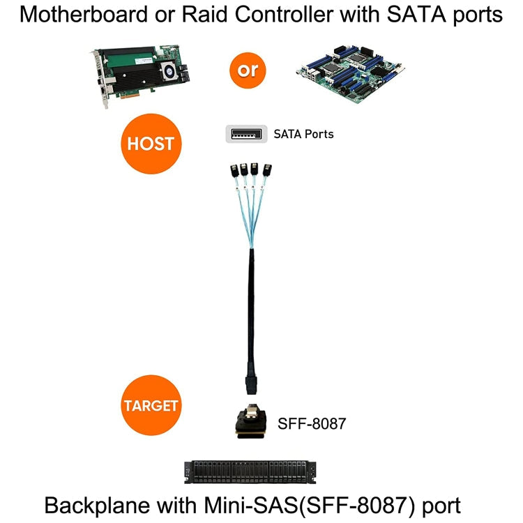 Mini SAS (SFF-8087) to 4 x SATA 7-Pin Female Forward Breakout 6Gbps Data Cable, Length: 50cm, SFF-8087 (Length: 50cm)