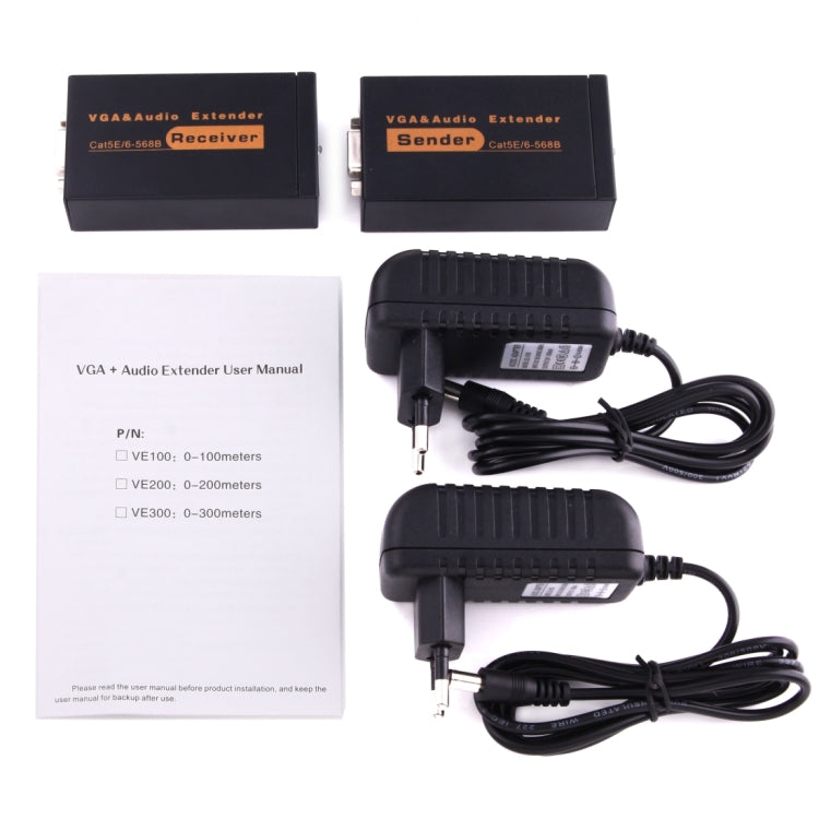 VGA & Audio Extender 1920x1440 HD 100m Cat5e / 6-568B Network Cable Sender Receiver Adapter, EU Plug(Black)