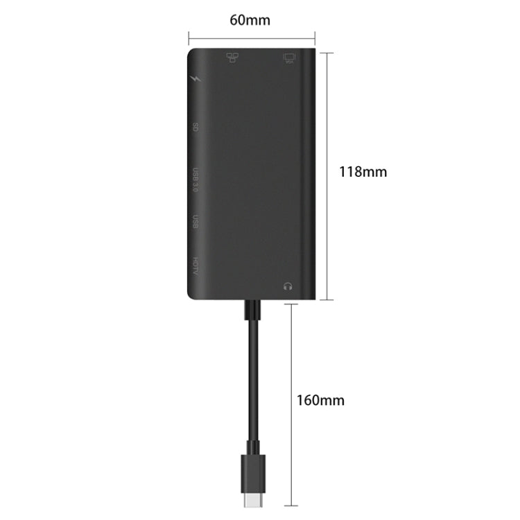 Onten 9591BD 8-in-1 USB-C Hub: PD Charging, Ethernet, USB 3.0, HDMI, VGA, SD Card, AUX (Black)