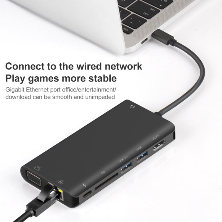 Onten 9591BD 8-in-1 USB-C Hub: PD Charging, Ethernet, USB 3.0, HDMI, VGA, SD Card, AUX (Black)