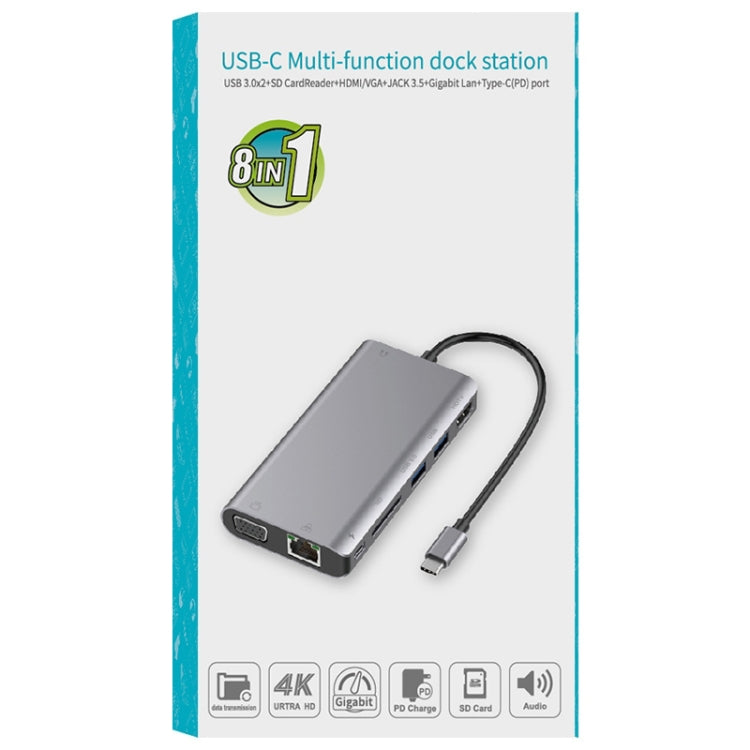 Onten 9591BD 8-in-1 USB-C Hub: PD Charging, Ethernet, USB 3.0, HDMI, VGA, SD Card, AUX (Black)
