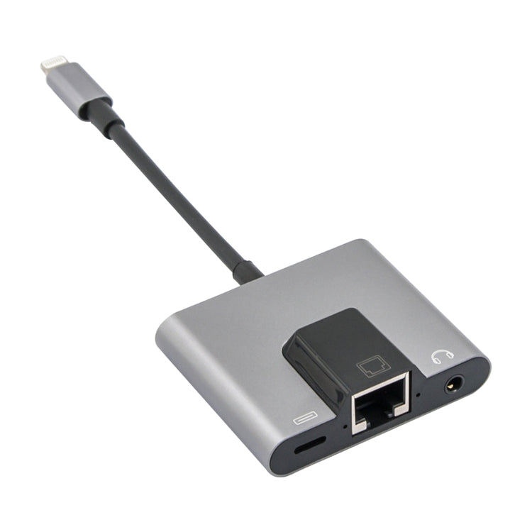 NK-1056 3 in 1 8 Pin Male to 8 Pin Charging + RJ45 Ethernet + 3.5mm Earphone Female Adapter, NK-1056