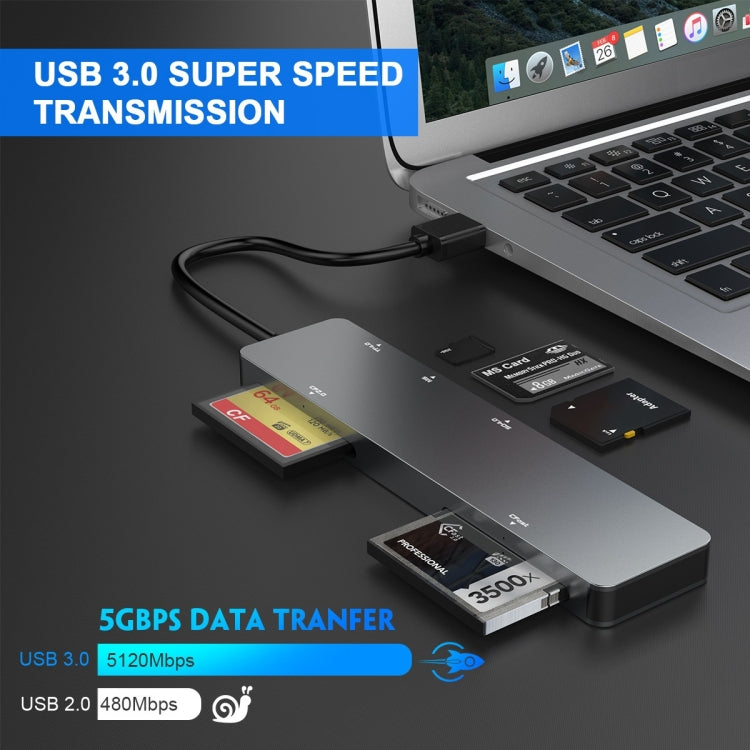 Rocketek CR308 USB3.0 Multi-function Card Reader CF / CFast / SD / MS / TF Card 5 in 1 (Silver Grey)