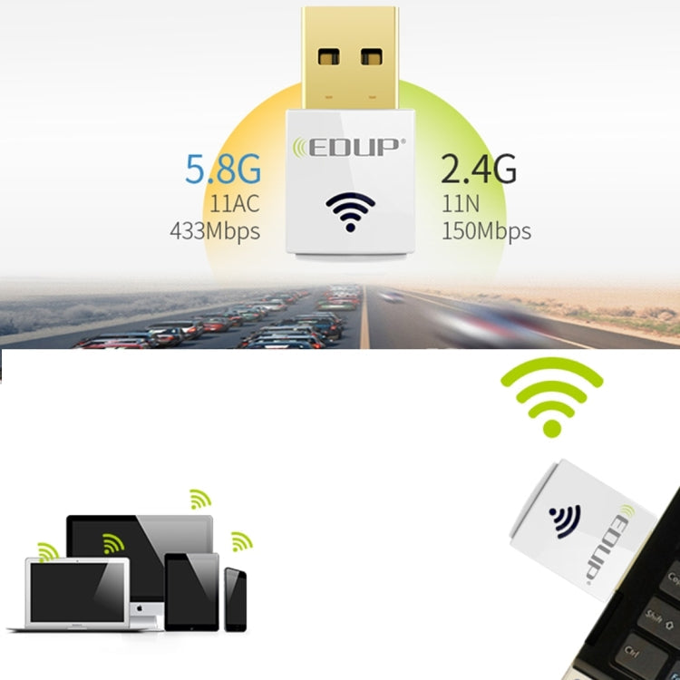 EDUP EP-AC1619 Mini Wireless USB 600Mbps 2.4G / 5.8Ghz 150M+433M Dual Band WiFi Network Card for Nootbook / Laptop / PC(White)