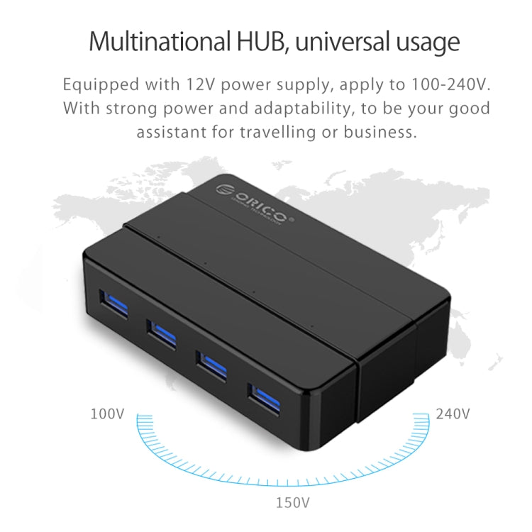 ORICO H4928-U3 ABS High Speed 4 Ports USB 3.0 HUB with 12V Power Adapter for Smartphones / Tablets(Black)
