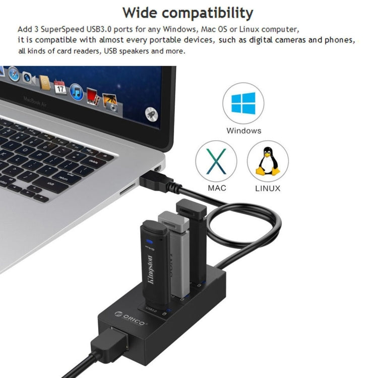 ORICO HR01-U3 ABS 3 Ports USB3.0 HUB Splitter with External RJ45 Gigabit Ethernet Network Card 5 Gbps for Laptops / Desktop / Ultrabook etc.(Black)