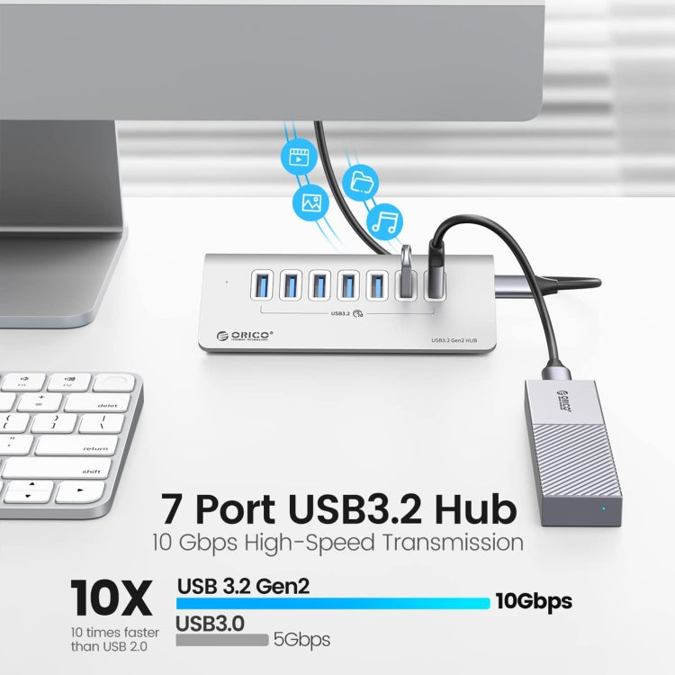 ORICO M3U7-G2 Aluminum Alloy 7-Port USB 3.2 Gen2 10Gbps HUB with 1m Cable (Silver)