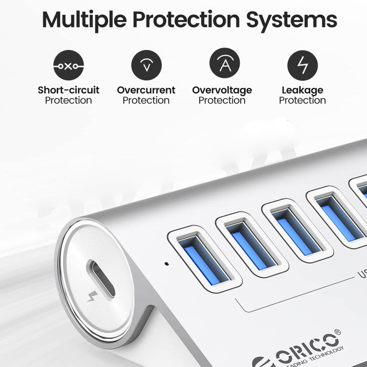 ORICO M3U7-G2 Aluminum Alloy 7-Port USB 3.2 Gen2 10Gbps HUB with 1m Cable (Silver)