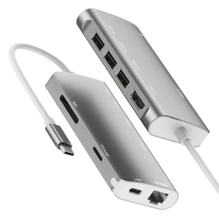 9591C 8 In 1 USB 3.0 x3 + SD / TF Card + HDMI + RJ45 + Type-C / USB-C (PD) Multi-function HUB Converter Dock Station(Silver)