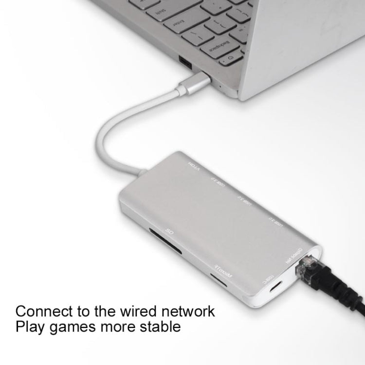 9591C 8 In 1 USB 3.0 x3 + SD / TF Card + HDMI + RJ45 + Type-C / USB-C (PD) Multi-function HUB Converter Dock Station(Silver)