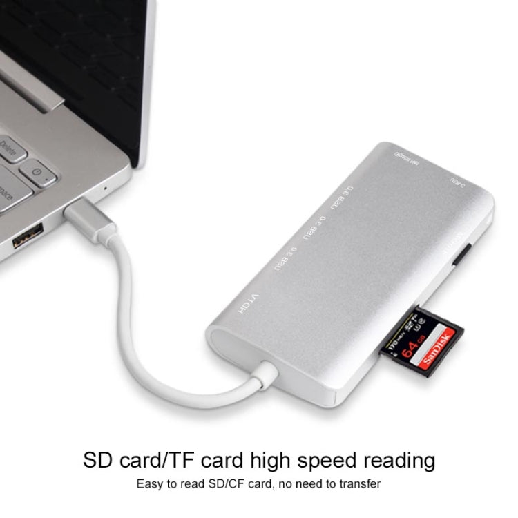 9591C 8 In 1 USB 3.0 x3 + SD / TF Card + HDMI + RJ45 + Type-C / USB-C (PD) Multi-function HUB Converter Dock Station(Silver)