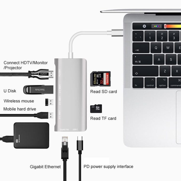 9591C 8 In 1 USB 3.0 x3 + SD / TF Card + HDMI + RJ45 + Type-C / USB-C (PD) Multi-function HUB Converter Dock Station(Silver)