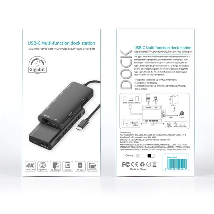 9591C 8 In 1 USB 3.0 x3 + SD / TF Card + HDMI + RJ45 + Type-C / USB-C (PD) Multi-function HUB Converter Dock Station(Silver)