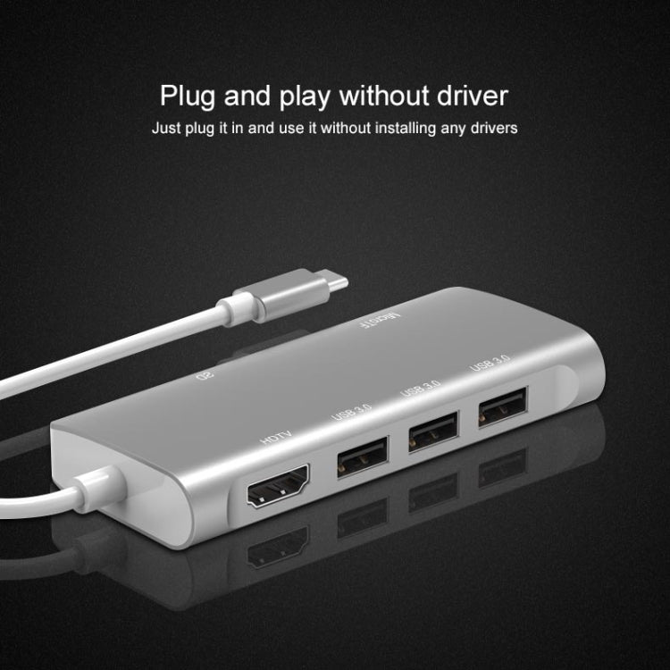 9591C 8 In 1 USB 3.0 x3 + SD / TF Card + HDMI + RJ45 + Type-C / USB-C (PD) Multi-function HUB Converter Dock Station(Silver)