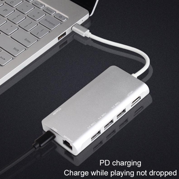 9591C 8 In 1 USB 3.0 x3 + SD / TF Card + HDMI + RJ45 + Type-C / USB-C (PD) Multi-function HUB Converter Dock Station(Silver)