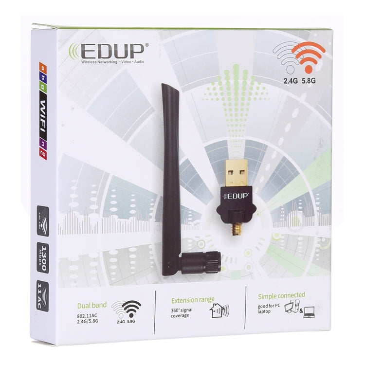 EDUP EP-AC1669 AC1300Mbps 2.4GHz & 5.8GHz Dual Band USB WiFi Adapter External Network Card with 2dbi Antenna