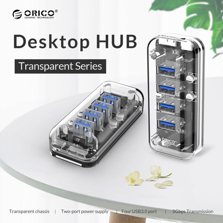 ORICO F4U 4 x USB 3.0 Ports 5Gbps Fast Transmission Desktop HUB with Blue LED Indicator Light(Transparent)