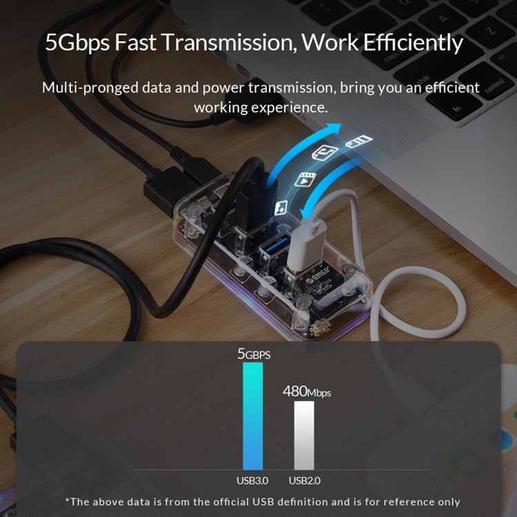 ORICO F4U 4 x USB 3.0 Ports 5Gbps Fast Transmission Desktop HUB with Blue LED Indicator Light(Transparent)
