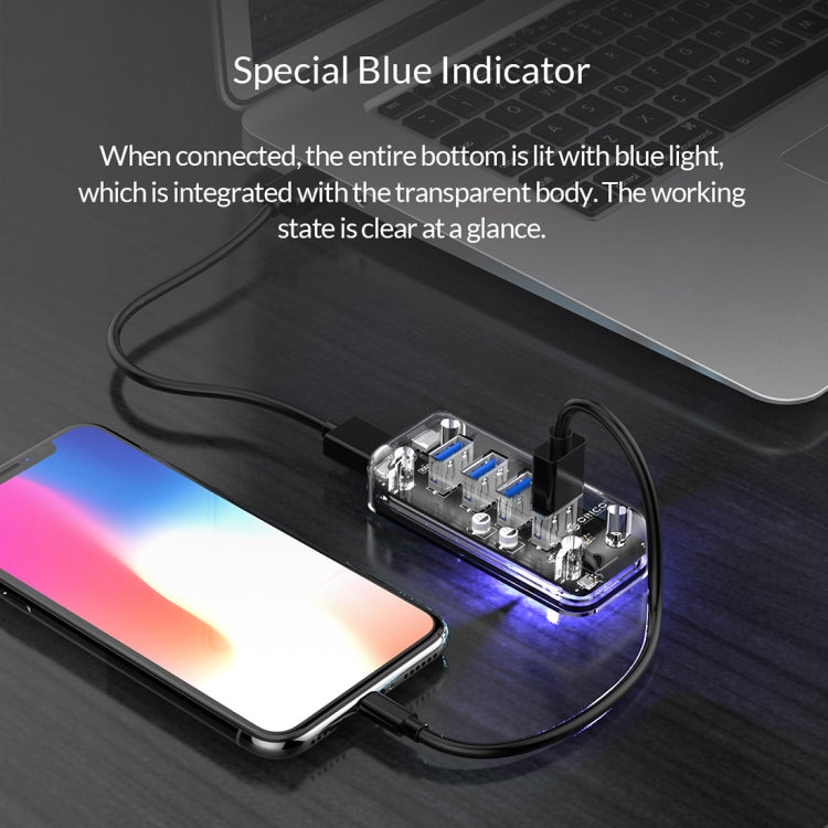 ORICO F4U 4 x USB 3.0 Ports 5Gbps Fast Transmission Desktop HUB with Blue LED Indicator Light(Transparent)