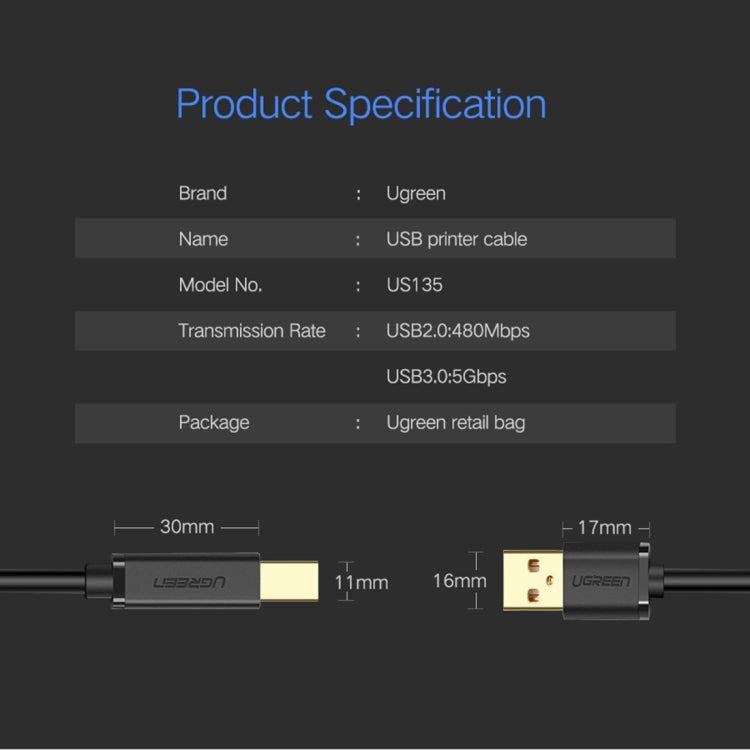 UGREEN USB 3.0 Type A Male to Type B Male Gold-plated Printer Cable Data Cable, For Canon, Epson, HP, Cable Length: 2m