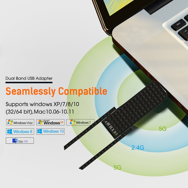 EDUP EP-AC1625 600Mbps 2.4G / 5.8GHz Dual Band Wireless 11AC USB 2.0 Adapter Network Card with 2 Antennas for Laptop / PC(Black)