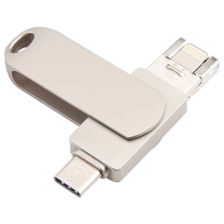 3 in 1 64G USB + 8 Pin + Type-C Metal Rotating Push-pull Flash Disk with OTG Function (Silver)