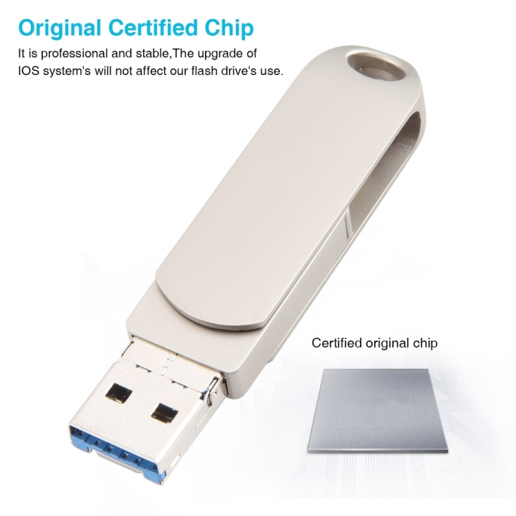 3 in 1 64G USB + 8 Pin + Type-C Metal Rotating Push-pull Flash Disk with OTG Function (Silver)