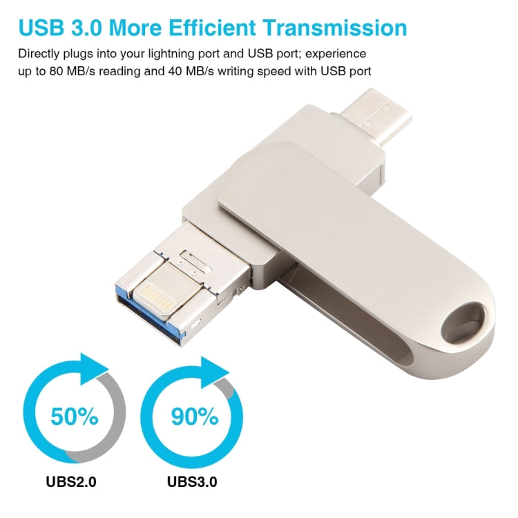 3 in 1 64G USB + 8 Pin + Type-C Metal Rotating Push-pull Flash Disk with OTG Function (Silver)
