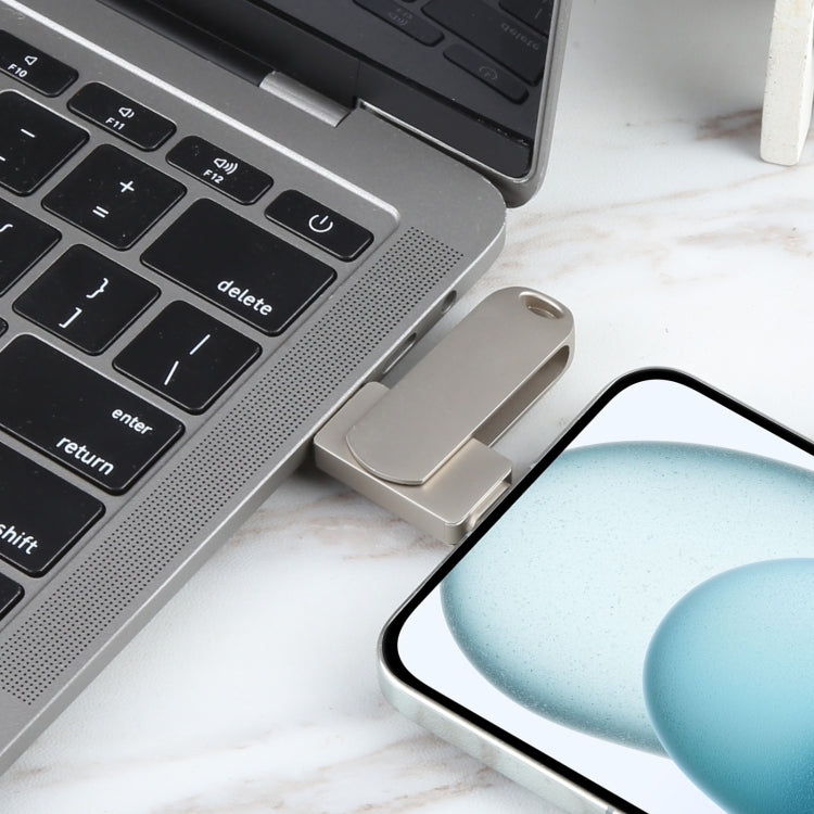 3 in 1 64G USB + 8 Pin + Type-C Metal Rotating Push-pull Flash Disk with OTG Function (Silver)