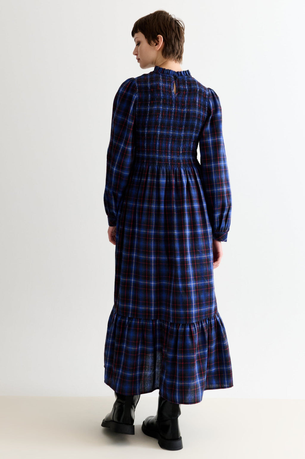 Peppi Winter Check Smocked Bodice Midi Dress - Blue