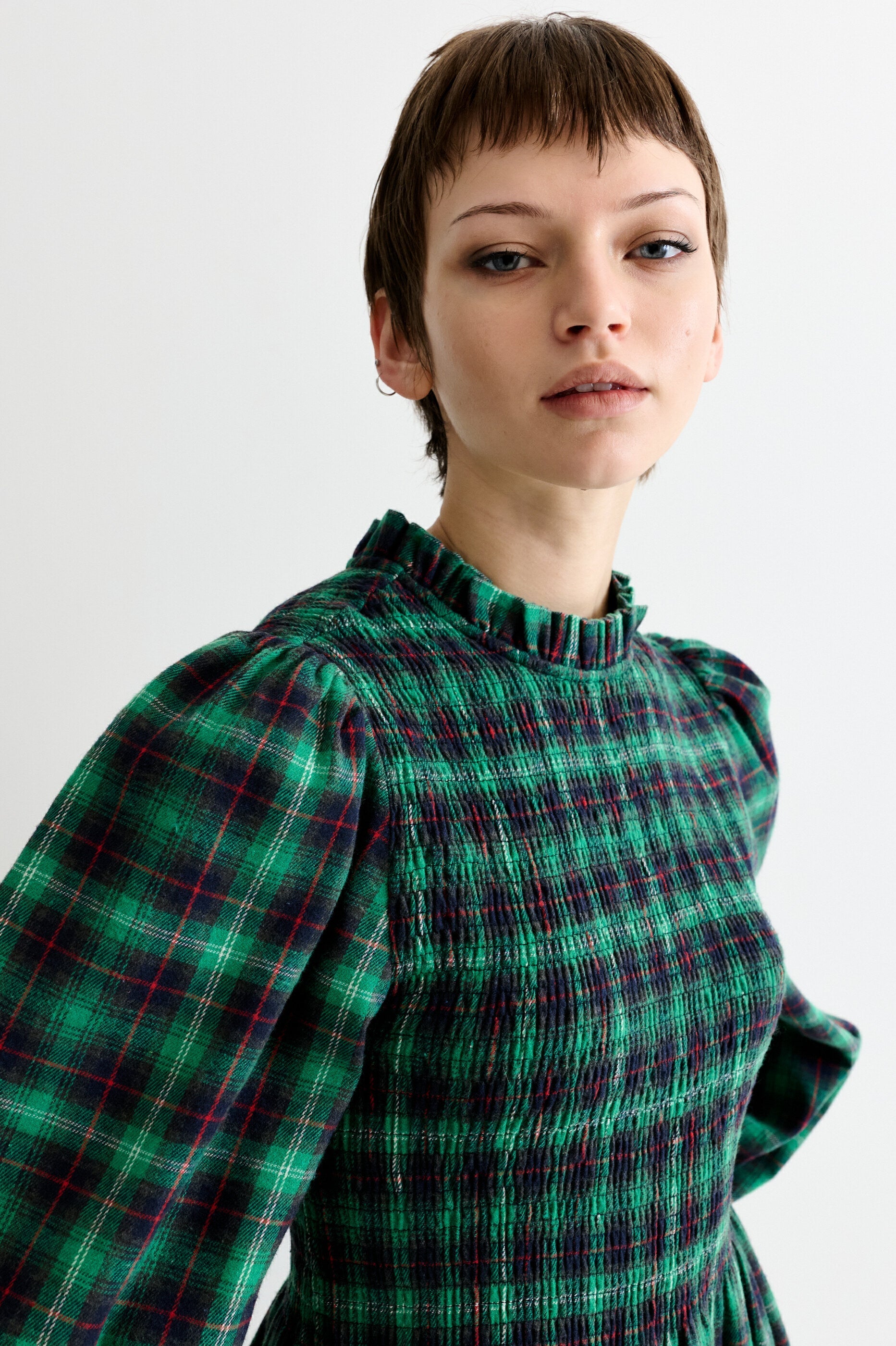 Peppi Winter Check Smocked Bodice Midi Dress - Green