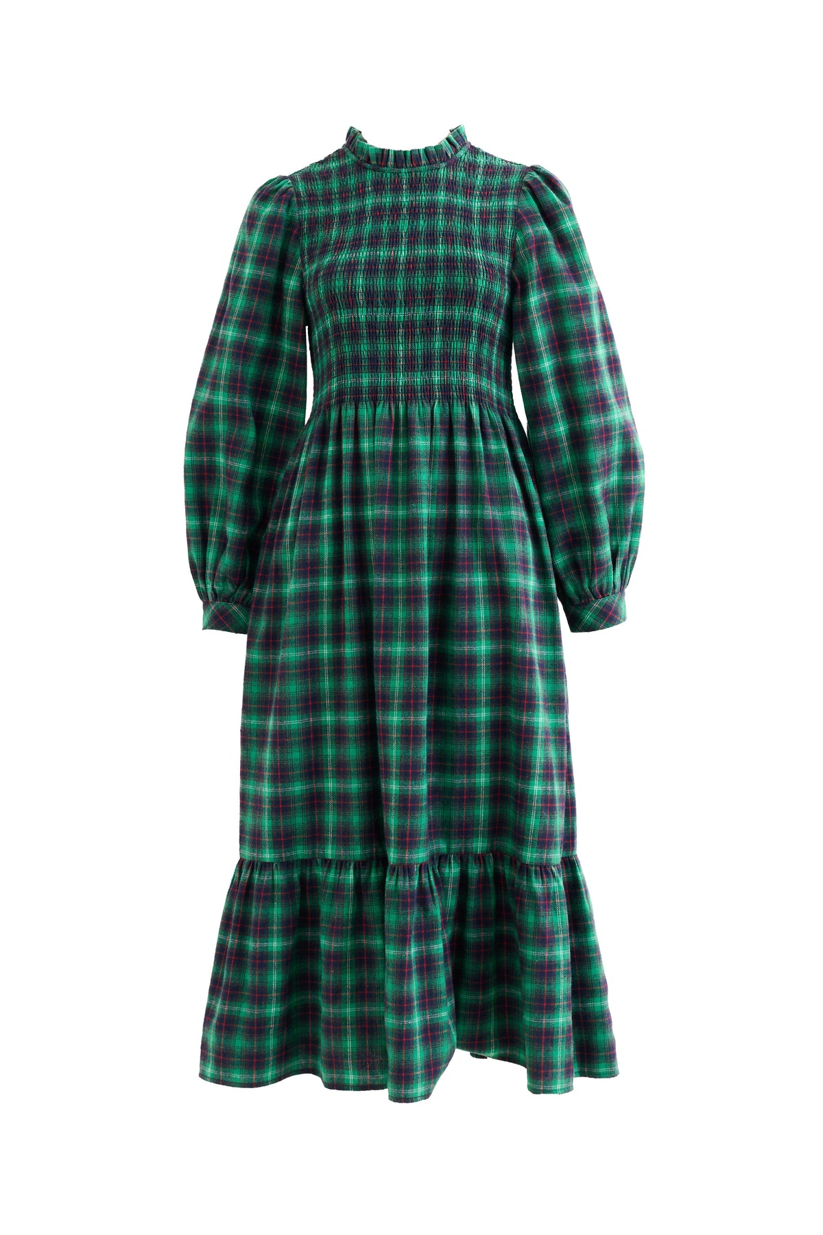 Peppi Winter Check Smocked Bodice Midi Dress - Green