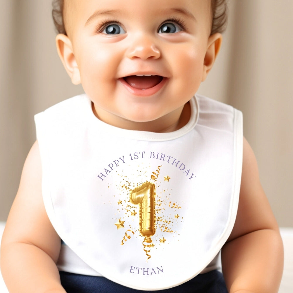 Personalised 1st Birthday Gold Balloon Baby Grow, Vest or Bib with Name