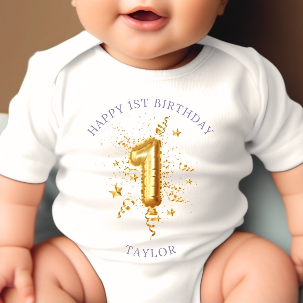 Personalised 1st Birthday Gold Balloon Gift Hamper Baby Gift Hamper - Teddy & Vest