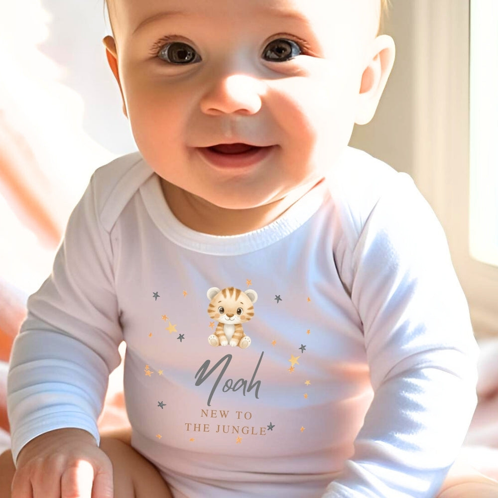 Personalised Jungle Tiger Baby Grow, Vest or Bib with Name