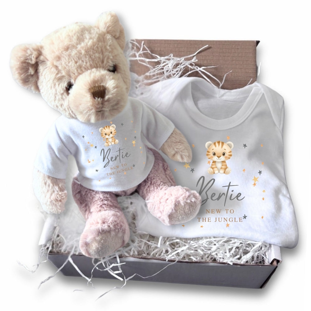 Personalised New to the Jungle Tiger Gift Hamper Baby Gift Hamper - Teddy & Vest