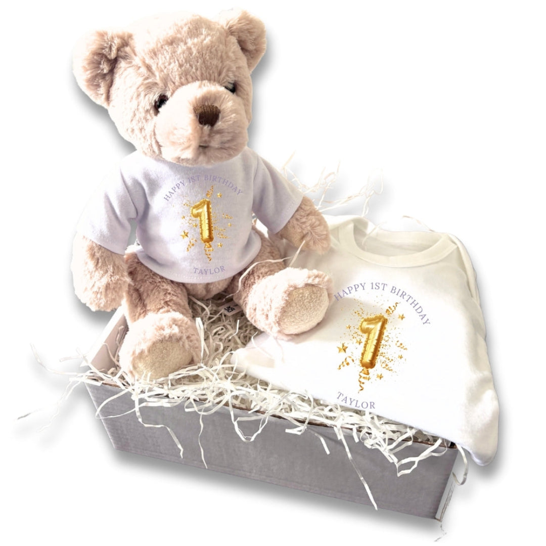 Personalised 1st Birthday Gold Balloon Gift Hamper Baby Gift Hamper - Teddy & Vest
