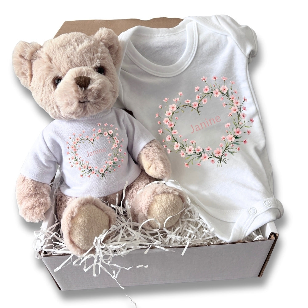 Personalised Pink Flower Heart Name Gift Hamper Baby Gift Hamper - Teddy & Vest