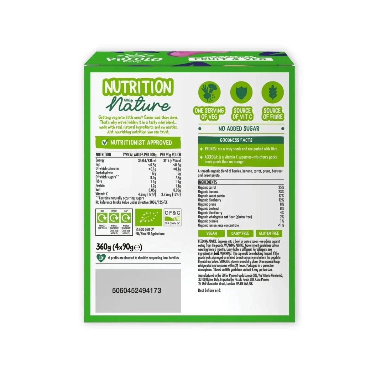 Piccolo Baby Fruit & Veg - Carrot, Banana, Berry & Beets 6+ months 90g (4x90g)
