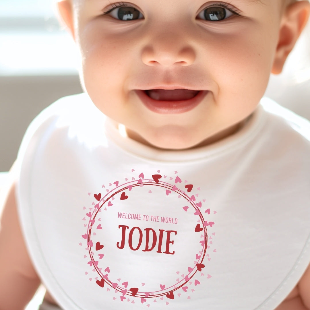 Personalised Pink & Red Hearts Baby Grow, Vest or Bib with Name