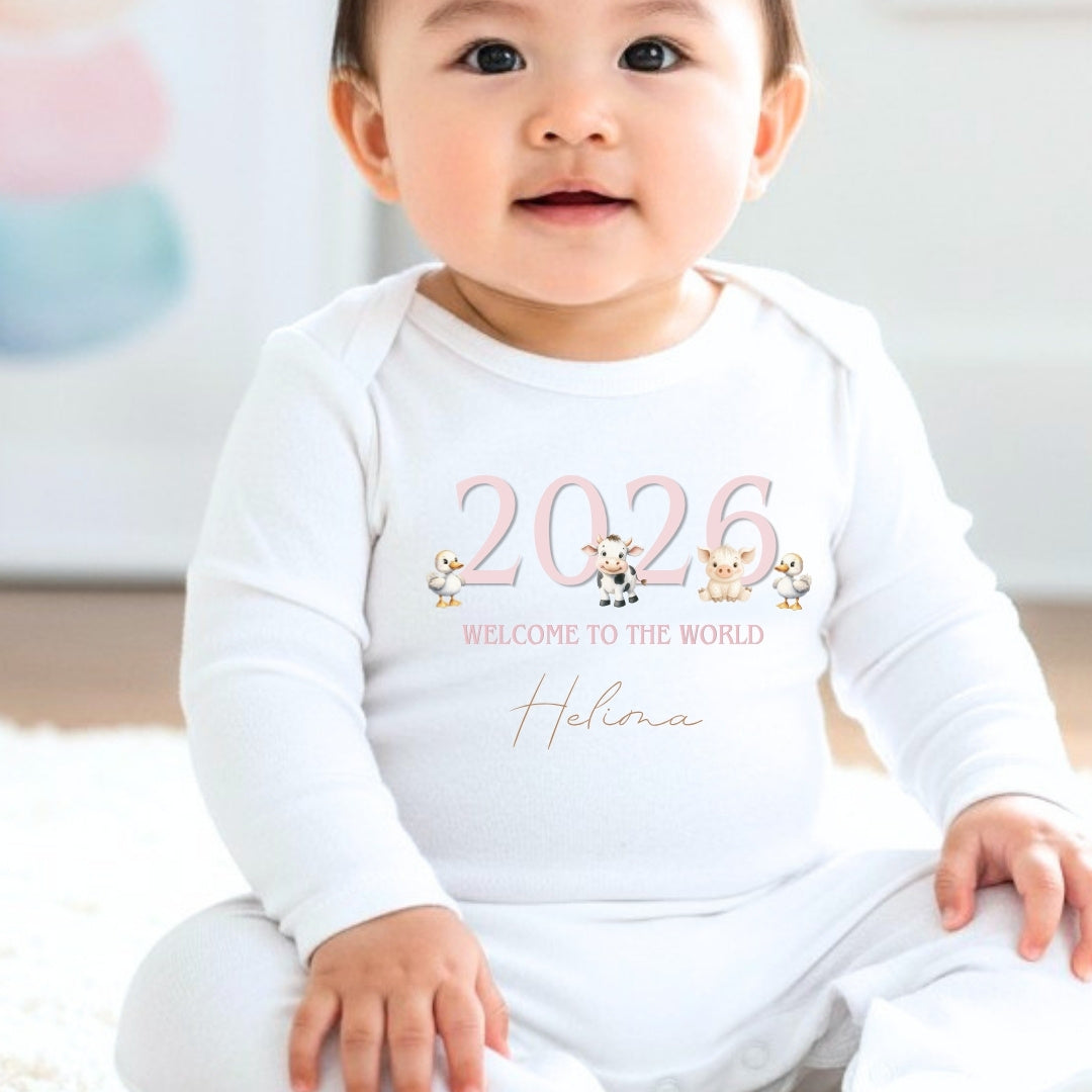 Personalised Pink Farm Animals Baby Grow, Vest or Bib with Name
