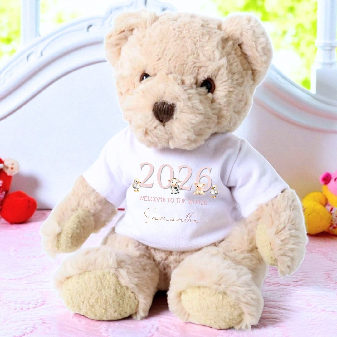 Personalised Luxury Teddy Bear with Pink Farm Animals T-Shirt