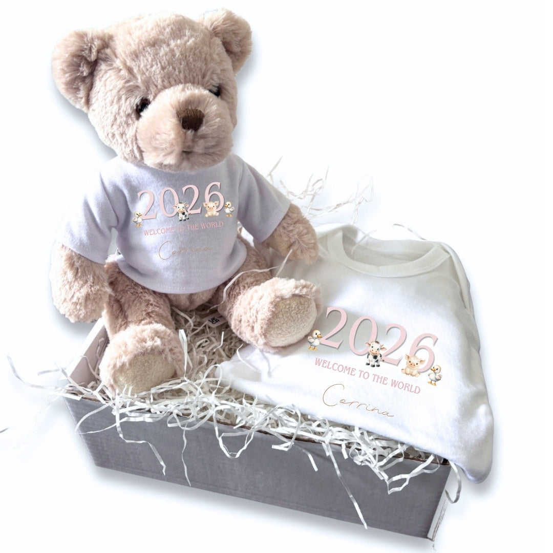 Personalised Pink Farm Animals Baby Gift Hamper - Teddy & Vest