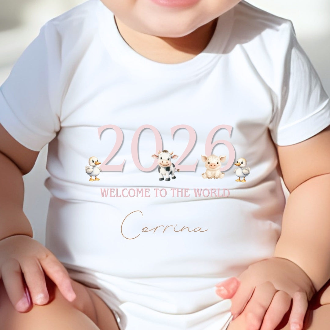 Personalised Pink Farm Animals Baby Grow, Vest or Bib with Name