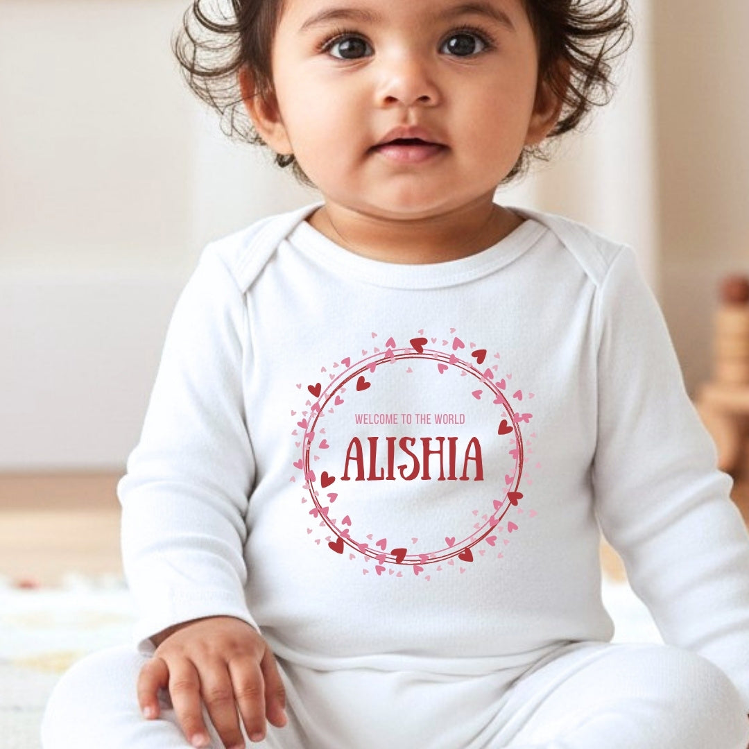 Personalised Pink & Red Hearts Baby Grow, Vest or Bib with Name