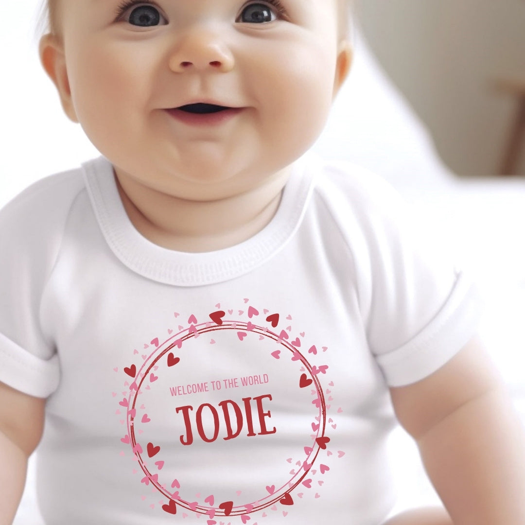 Personalised Pink & Red Hearts Baby Gift Hamper - Teddy & Vest