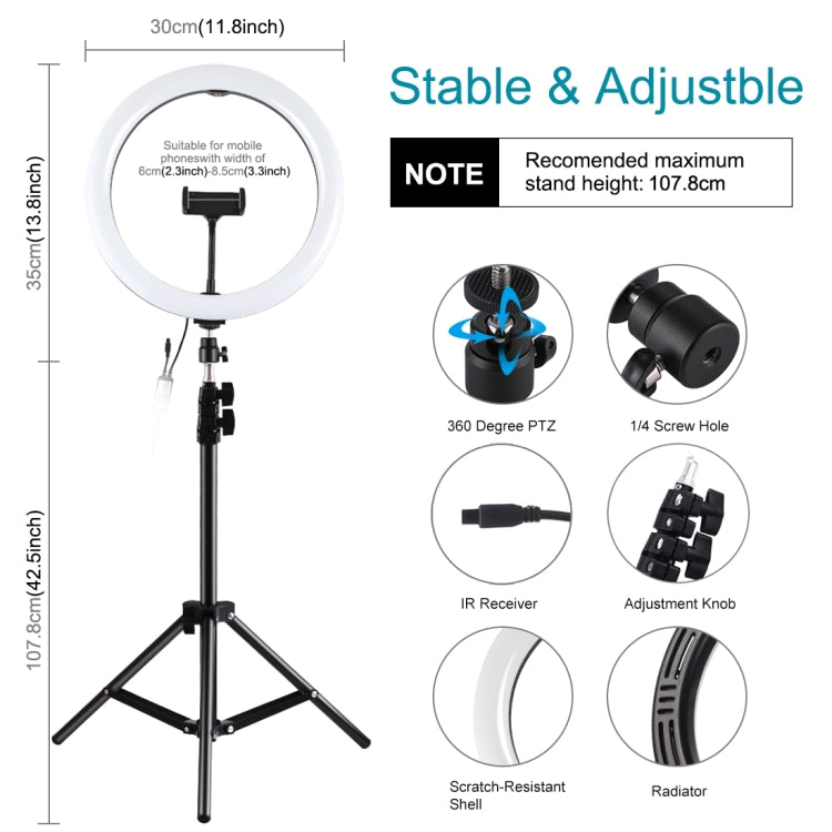 PULUZ 11.8 inch 30cm RGB Light 1.1m Tripod Mount Dimmable LED Ring Vlogging Selfie Photography Video Lights Live Broadcast Kits with Cold Shoe Tripod Ball Head & Phone Clamp, 12 inch RGB+Tripod(EU)