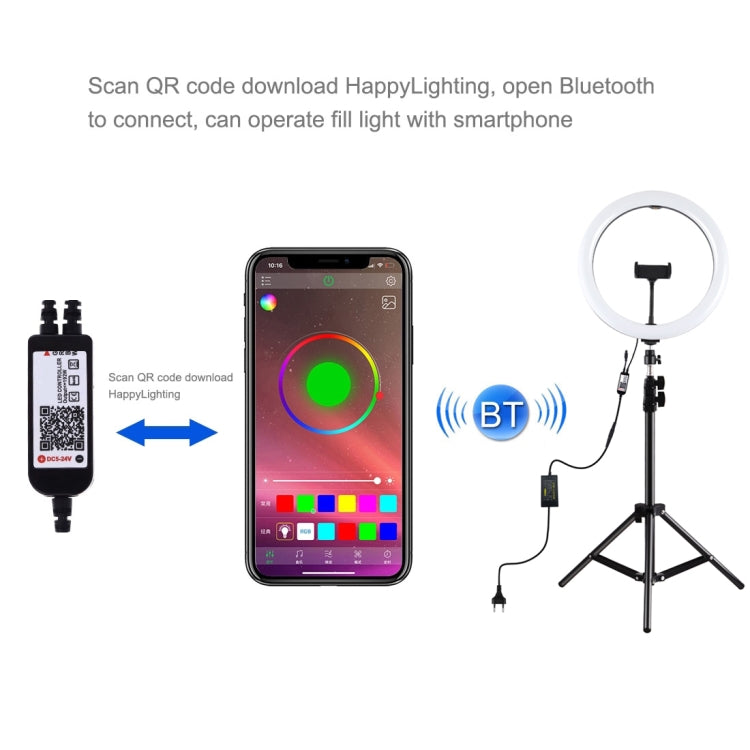 PULUZ 11.8 inch 30cm RGB Light 1.1m Tripod Mount Dimmable LED Ring Vlogging Selfie Photography Video Lights Live Broadcast Kits with Cold Shoe Tripod Ball Head & Phone Clamp, 12 inch RGB+Tripod(EU)