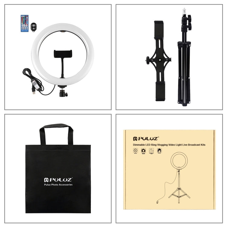 PULUZ 10.2 inch 26cm Curved Surface RGBW LED Ring Light + 1.1m Tripod Mount + Dual Phone Brackets Horizontal Holder + Vlogging Video Light  Live Broadcast Kits with Remote Control & Phone Clamp(Black)